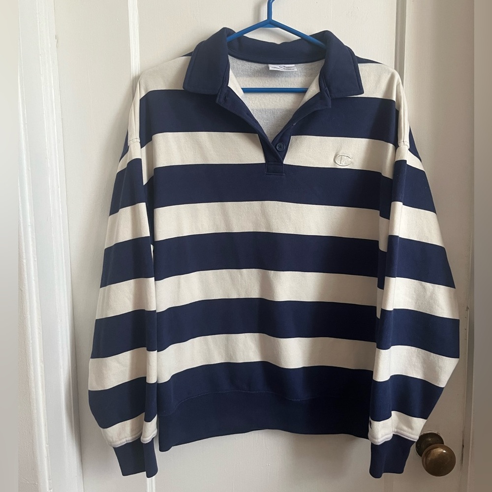 Champion Navy and White Striped Rugby Pullover Sweatshirt